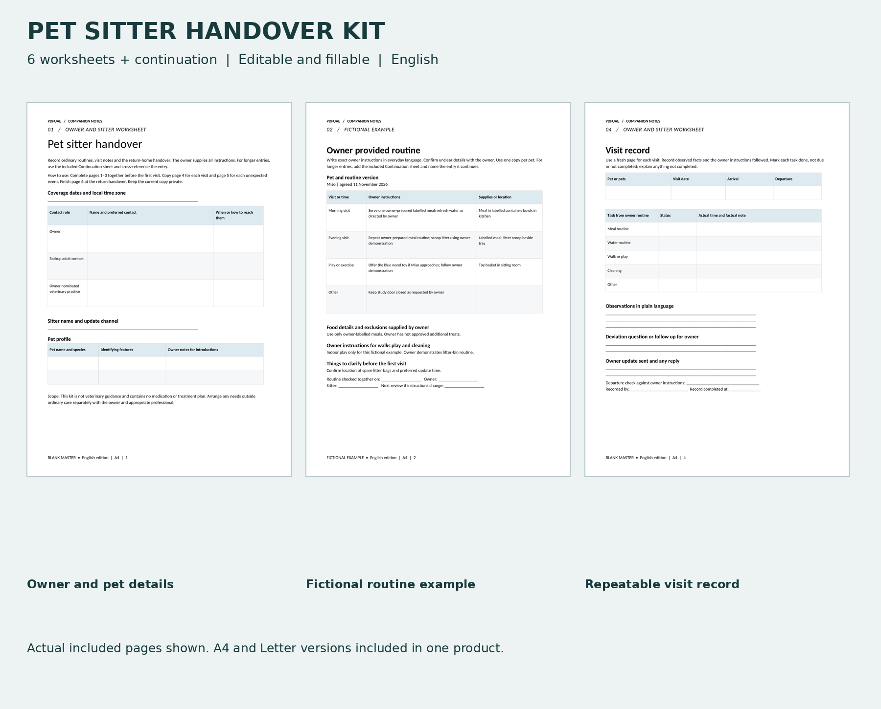 Pet Sitter Handover and Visit Record Kit source artwork and print product