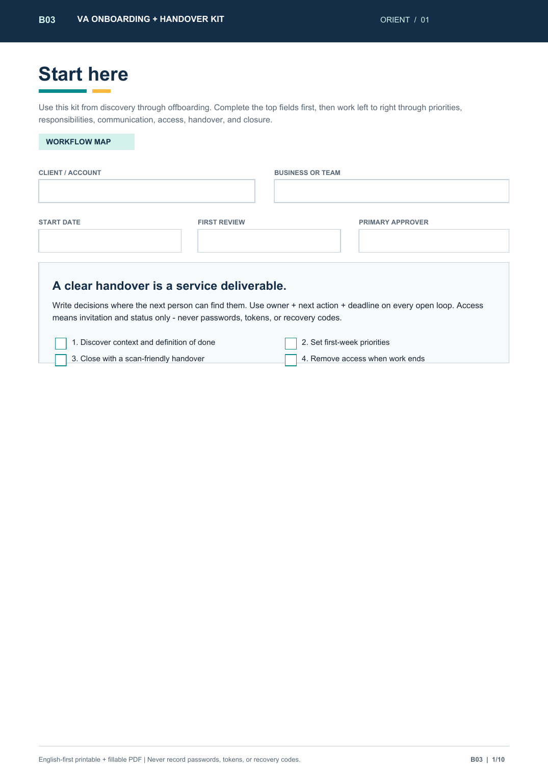 VA Onboarding + Handover Kit | Access, Responsibilities & Offboarding source artwork and print product